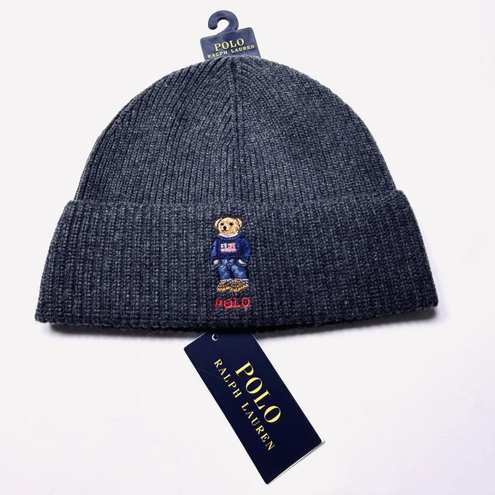 NWT 🧸Ralph Lauren AMERICAN 🇺🇸 POLO BEAR KNIT Wool Blend Beanie Dark Heather Gray